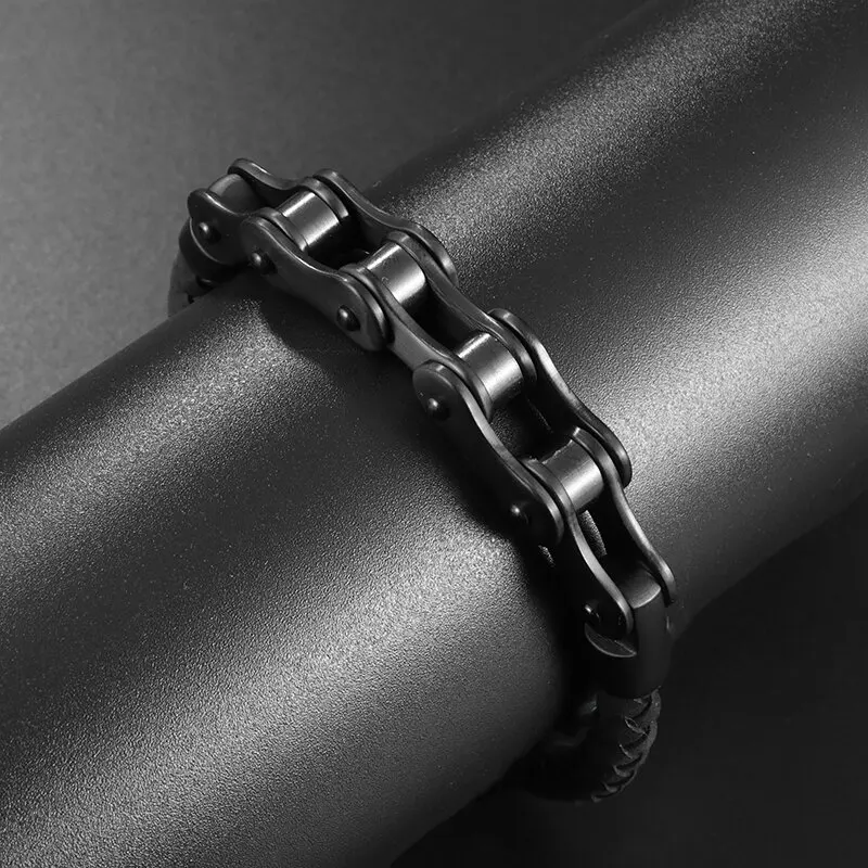 Punk Rock Men\\\\\'s Vintage Black Bicycle Chain Bracelet Bicycle Motorcycle Leather Bracelet Bracelet Ghost Rider Jewelry