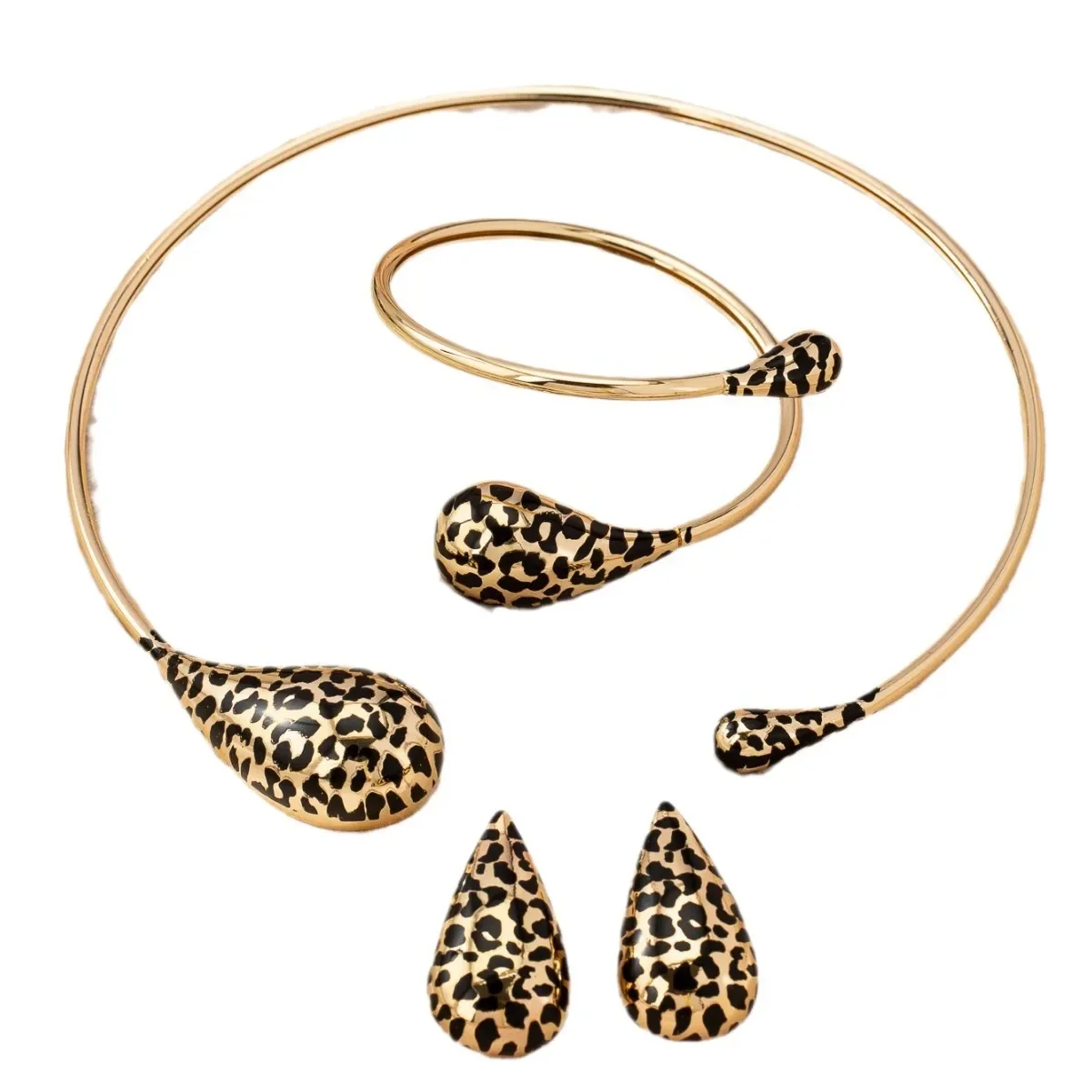 3Pcs Fashion Leopard Print Water Drop Shaped Open Metal Choker Necklace Bracelet Stud Earring for Women Punk Party Jewelry Set