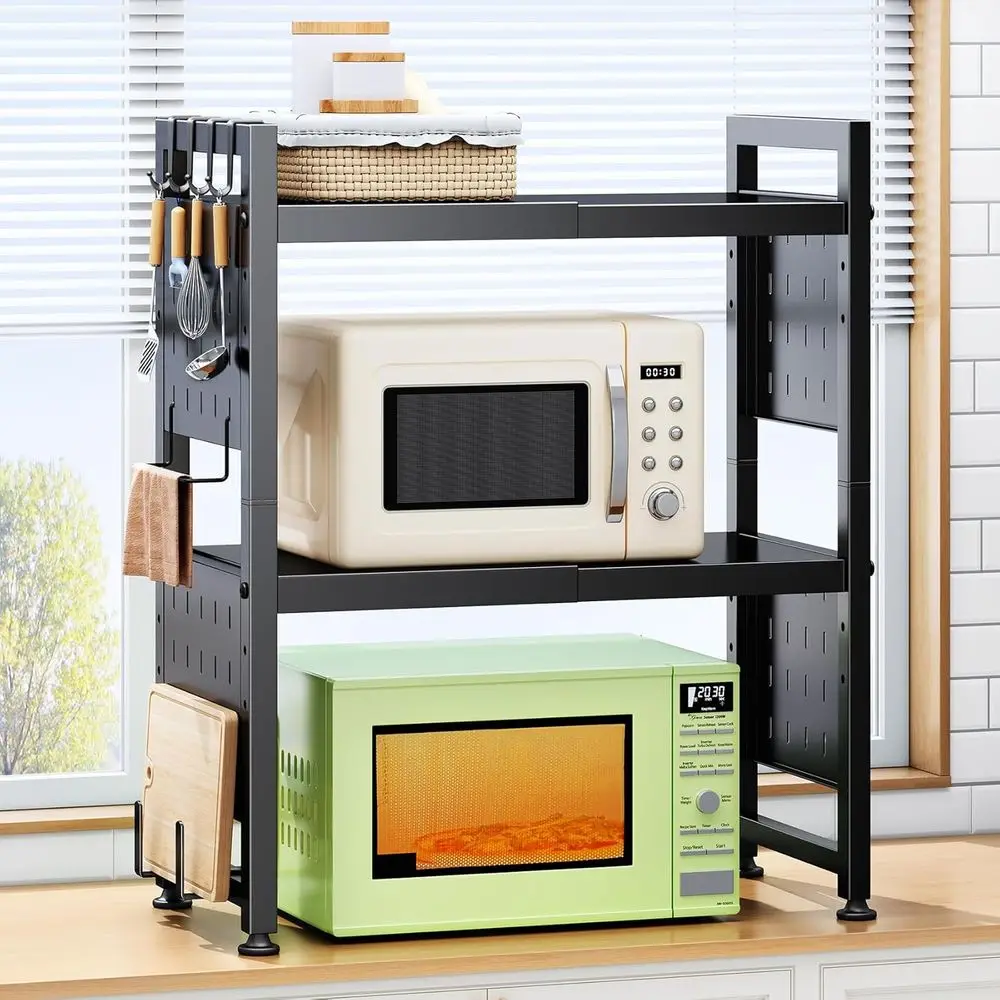 Expandable 3-Tier Adjustable Microwave Oven Rack Shel with 8 Hooks & 2 Holders, Heavy Duty, Space-saving Kitchen Counter Shel or