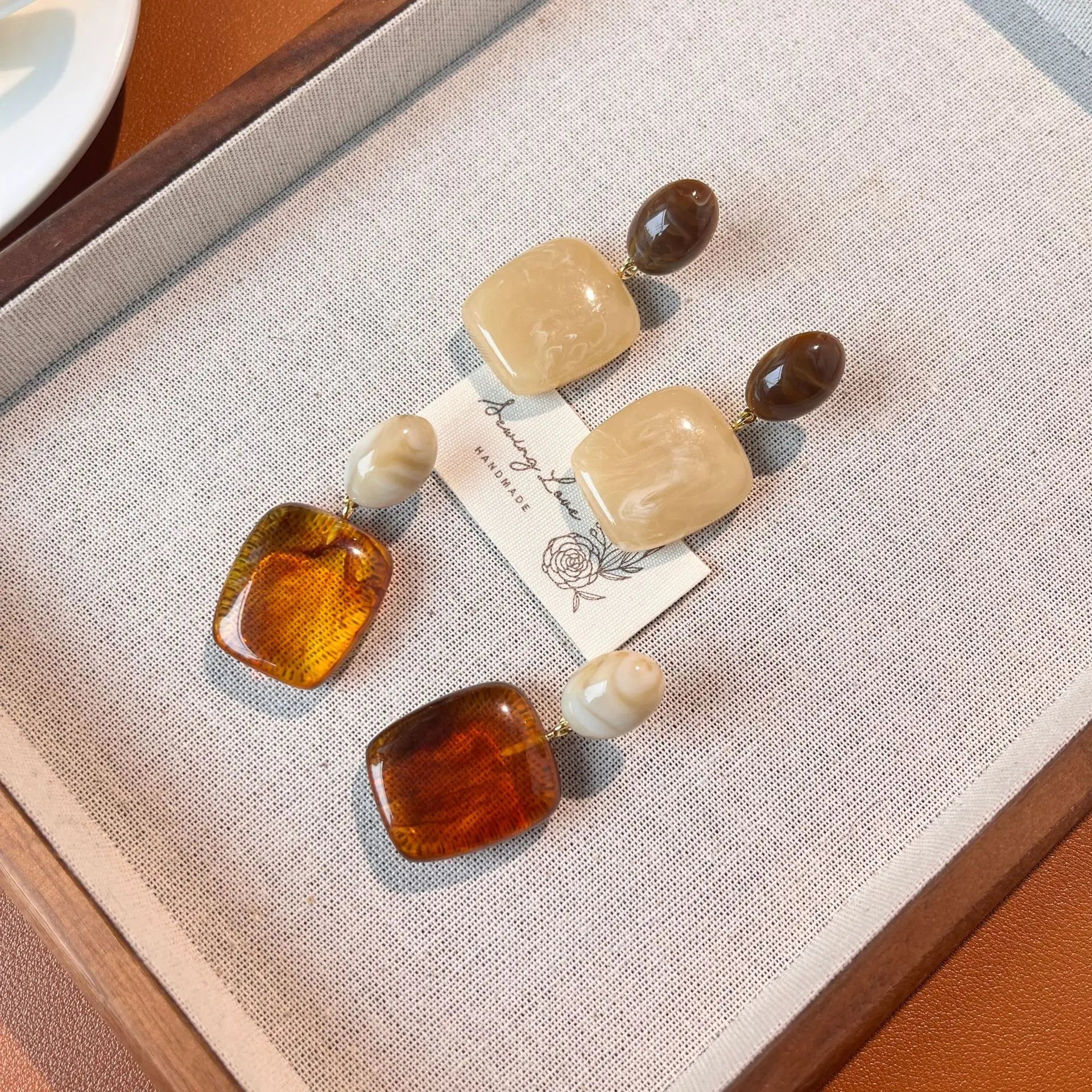 Vintage Amber Resin Square Drop Earrings for Women Tortoiseshell Marbled Jewelry, Trendy Boho Accessory for Party Daily Wear