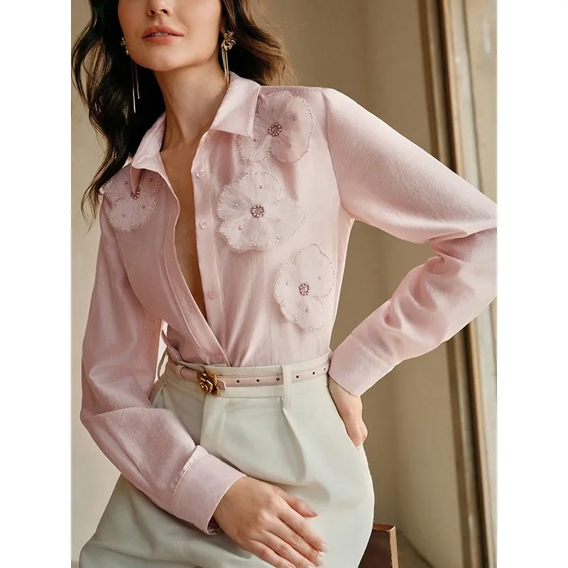 

Женские розовые рубашки с 3d аппликацией, весна-лето 2026, стильная официальная рабочая одежда, однобортные блузки с длинными рукавами и бисером, топы