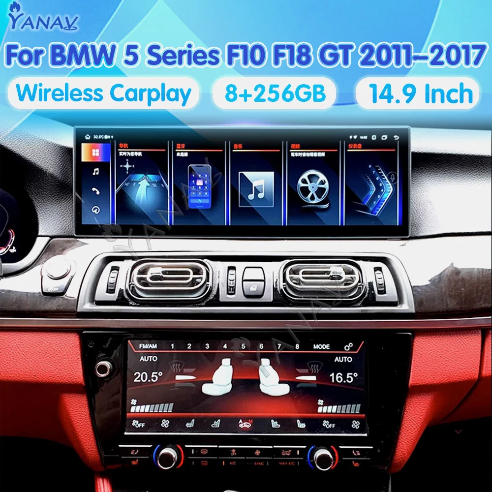 14.9 Inch Android 13 Car Radio For BMW 5 Series F10 F18 GT E60 3 Series F30 7 Series F01 2003-2019 AC Panel Control Navigation