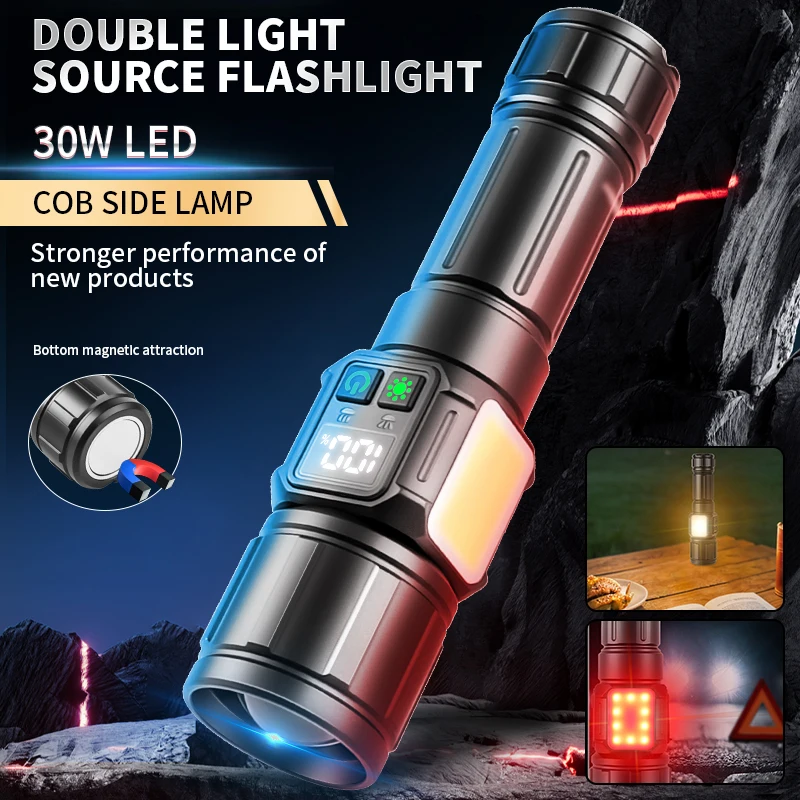 18650 26650 Battery Flashlight, Type-C USB Rechargeable, Super Bright Long Range White Laser Digital Battery Display, COB Switch