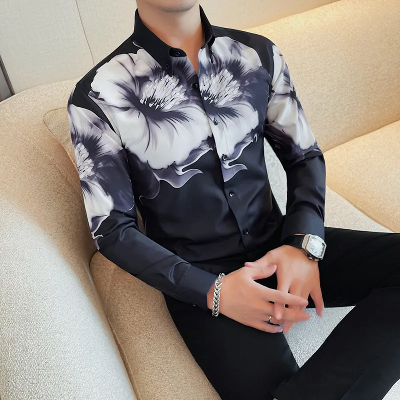 2024 Autumn Floral Printed Shirt for Men Long Sleeve Slim Fit Casual Business Shirts Social Party Tuxedo Blouse Men Clothing