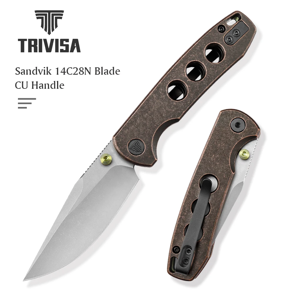 

TRIVISA Pocket Folding Knife with Clip for Men 14C28N Blade Micarta Copper Handle Hunting Camping Hiking Outdoor Survival EDC