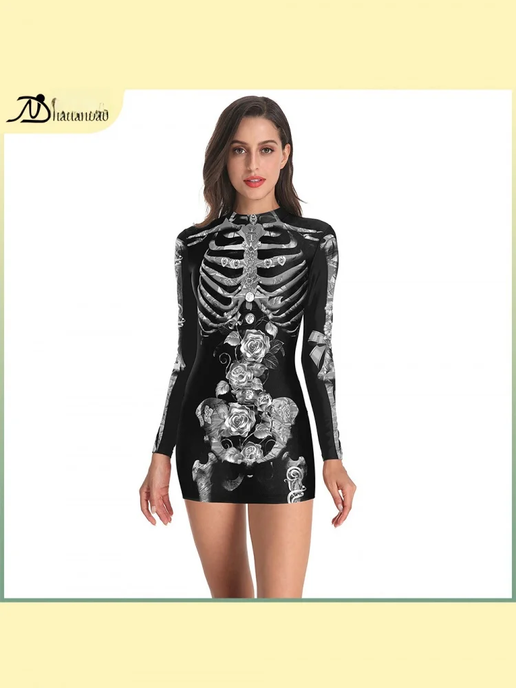 

loween Skeleton Rose Print Long Sve Bodycon Dr Punk Sle mid Waist Polyurethane Elastic Fiber Asymmetric Skirt