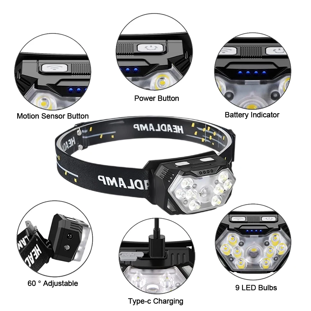 Mini Portable USB Rechageable Head Lamp 9 LED Motion Sensor Headlight Outdoor Front Work Lantern for Fishing Camping
