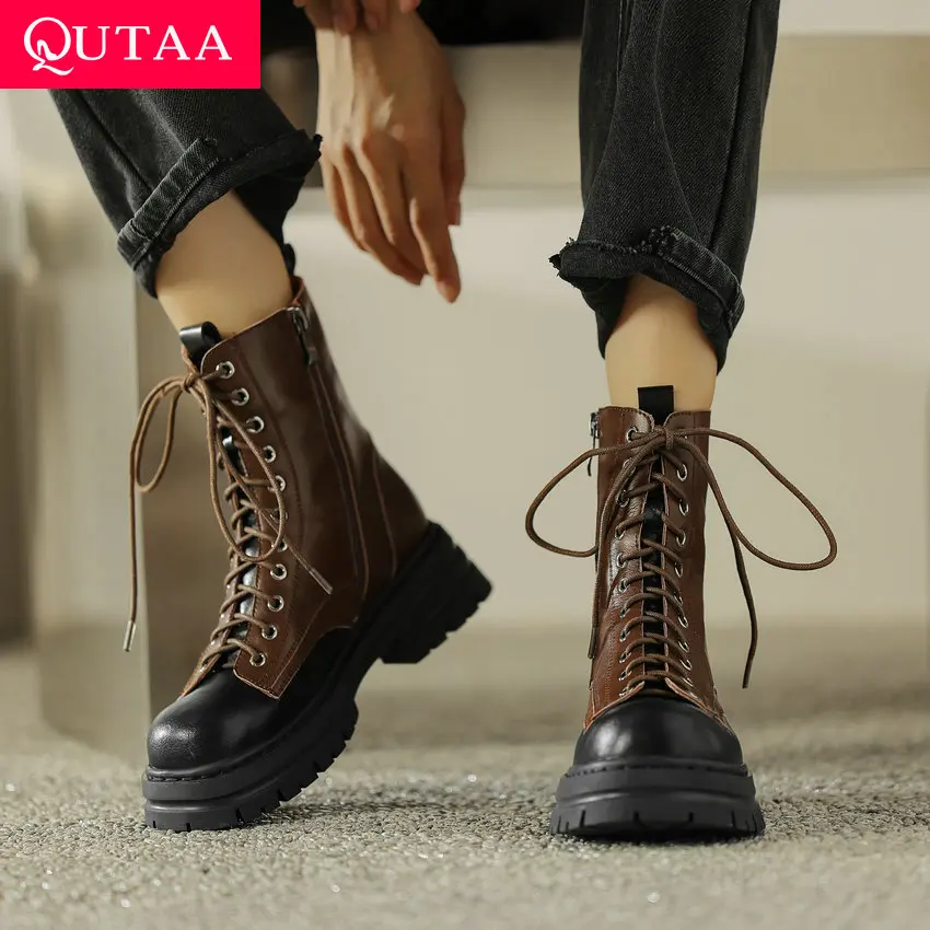 

QUTAA 2024 Women Ankle Boots Genuine Leather Thick Med Heels Lace-Up Shoes Woman Autumn Fashion Motorcycle Boots Size 34-39