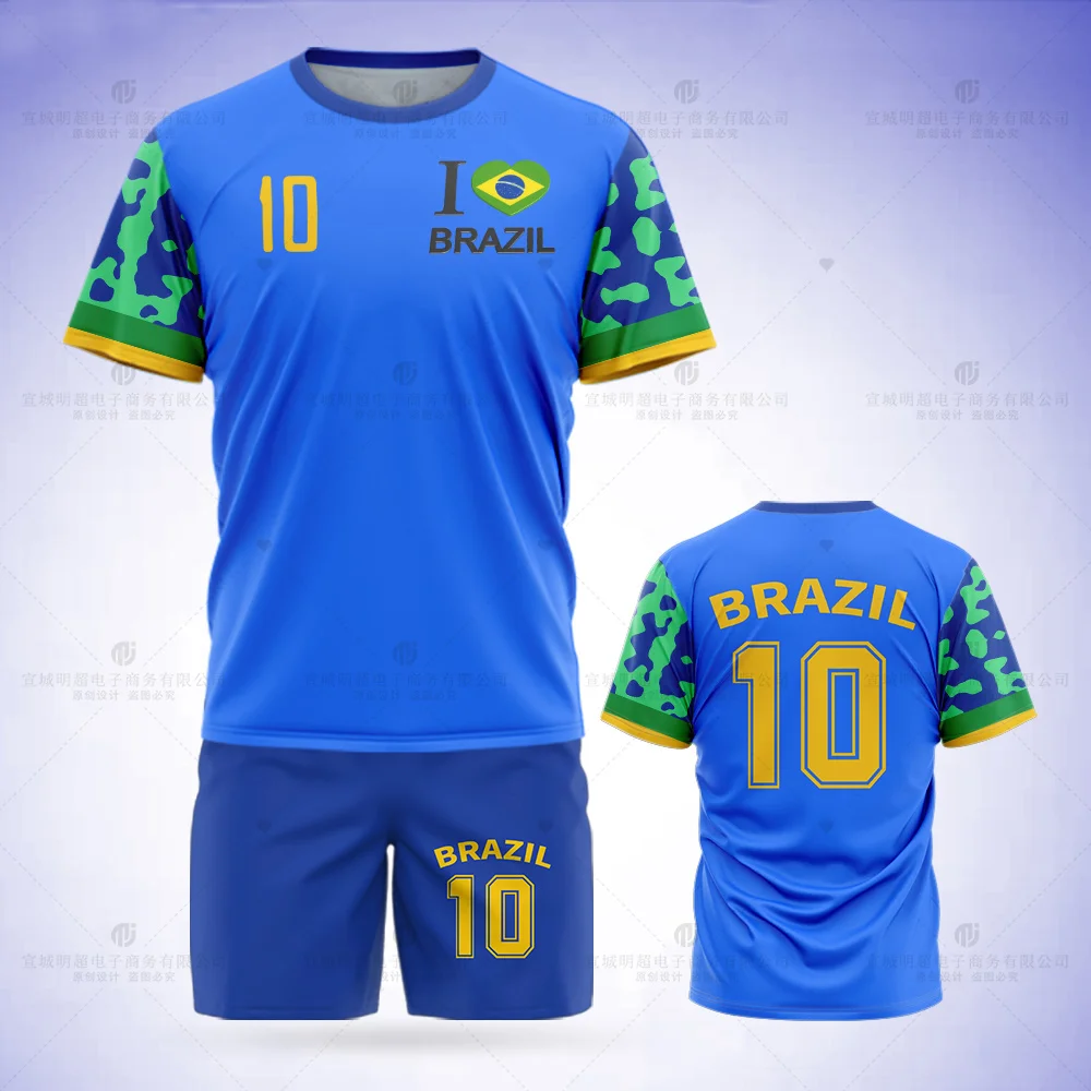 Jumeast Brasil Futebol Jersey Padrão T-Shirt Set, Bandeira Impressão Shorts, Azul Malha Sports Ball Vestuário, Uniforme da Equipe, 2023