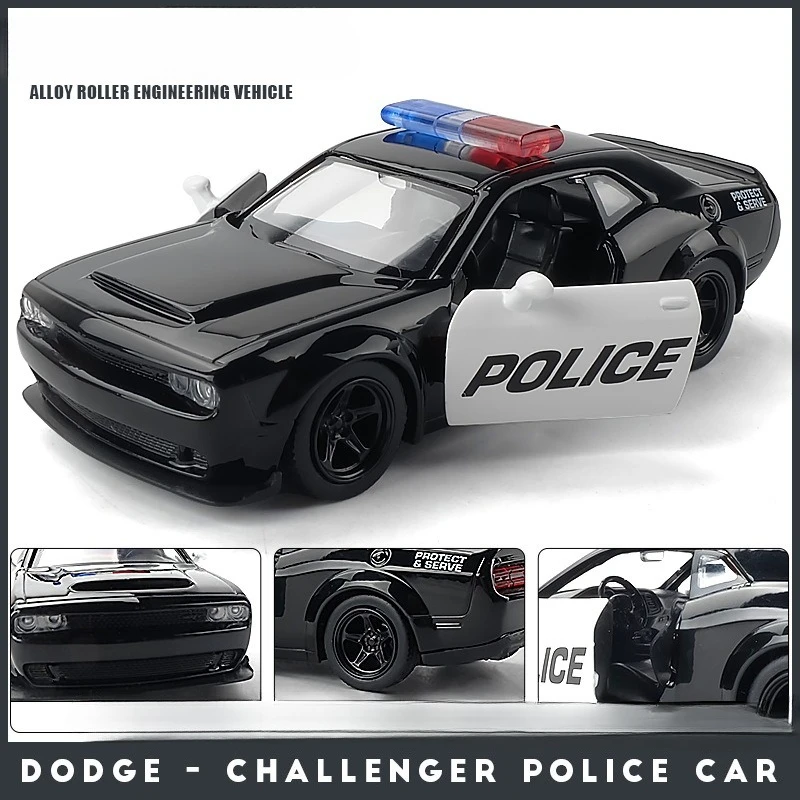 Simulation 1/36 Scale Dodge Challenger Police Car Alloy Model Pull Back Miniature Voiture Ornaments Home Decor Boy Car Toy Gift