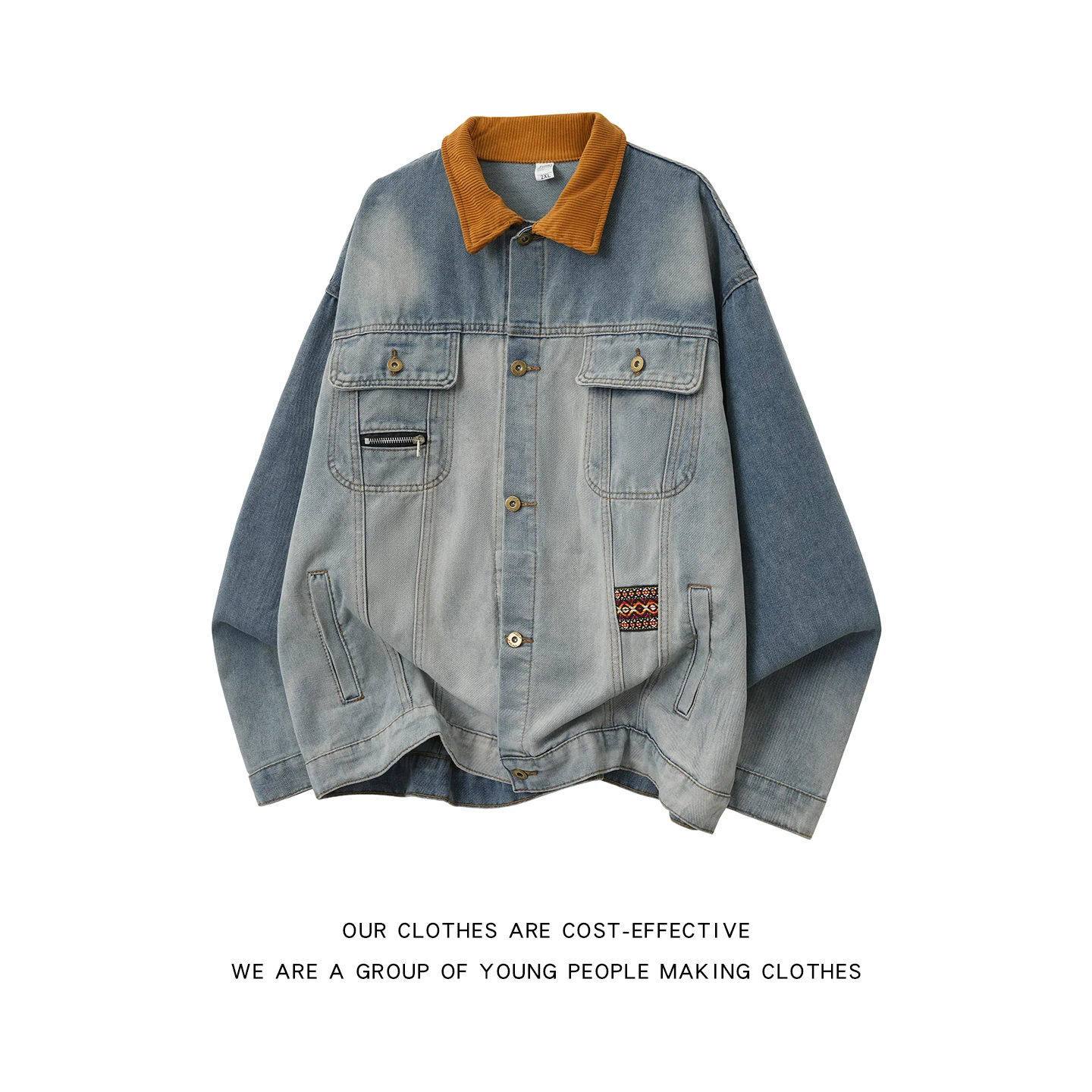 

American Sle Heavyweight Patchwork Waed Denim Jaet Men's Vintage Retro Corduroy Color Blo Collar Workwear Jaet