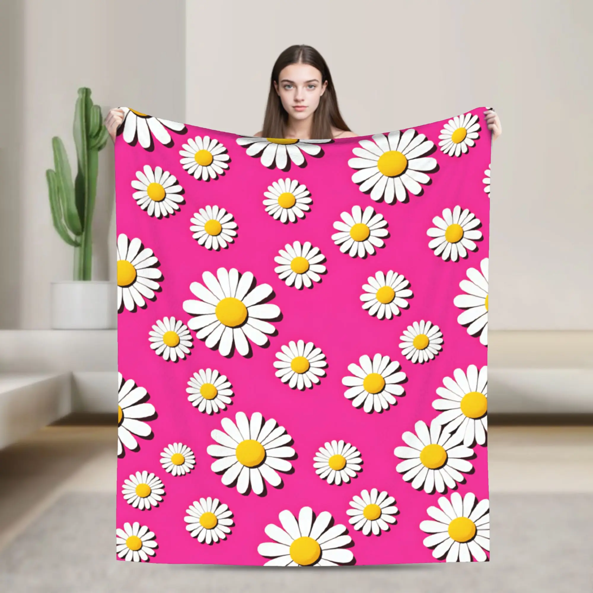 Bright Pink 3D Daisy Seamless Pattern Blanket Warm  Throw Blanket Winter Boy Girl Living Room Travel Car Bedspread