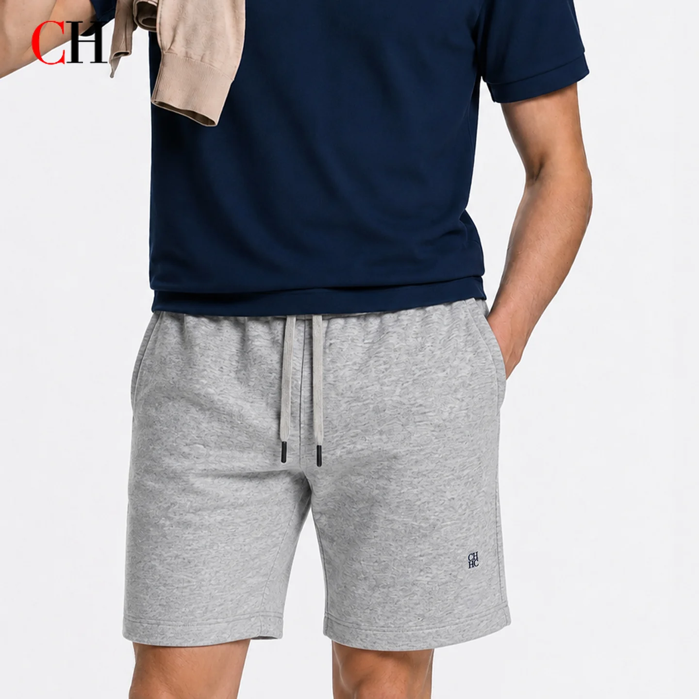 CH Men Heather Grey Drawstring Waist Knee Length Sweat Shorts Tiny Dark CH Embroidery Lower Right Hem Gym Daily Casual Outfit