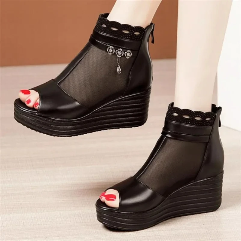 

2024, размеры 33–43, туфли на танкетке с открытой головкой, летние ботинки из дышащей сетки на среднем каблуке, женская офисная обувь