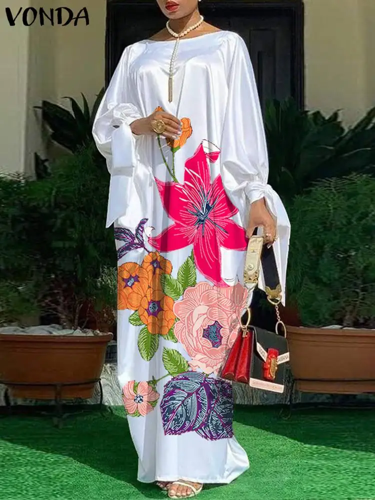 VONDA Bohemian Satin Maxi Sundress Women Floral Printed Elegant Silk Dress 2024 Autumn Casual Loose Long Sleeve Party Robe Femme