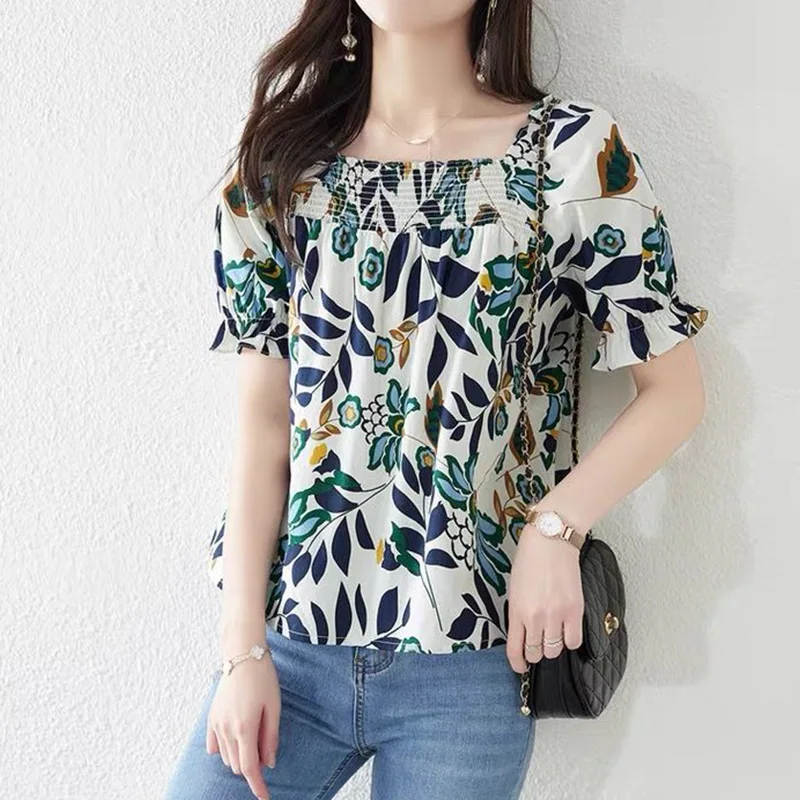 Summer Korean Fashion Quare Collar Floral Print Puff Sleeve Short Sleeve Chiffon Shirt Elegant Loose Casual Blouse Blusa Women