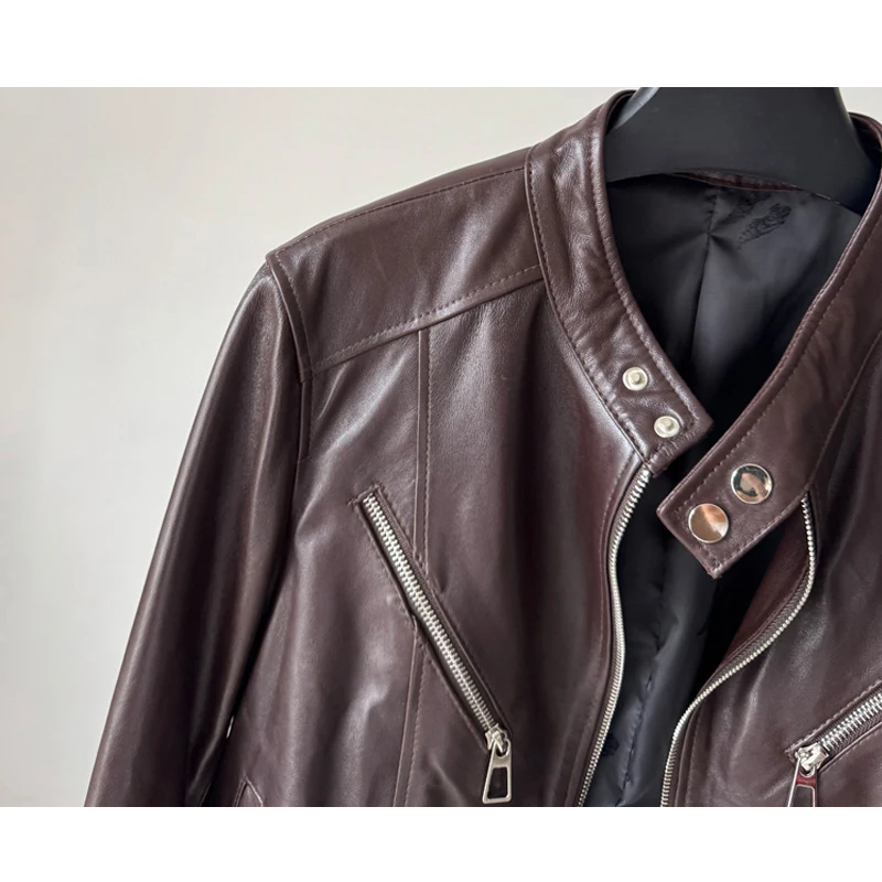 Giacca da motociclista e motociclista in pelle cerata retrò per donna Colletto alla coreana casual Cerniera Giacche da donna in vera pelle di pecora sottile a maniche lunghe