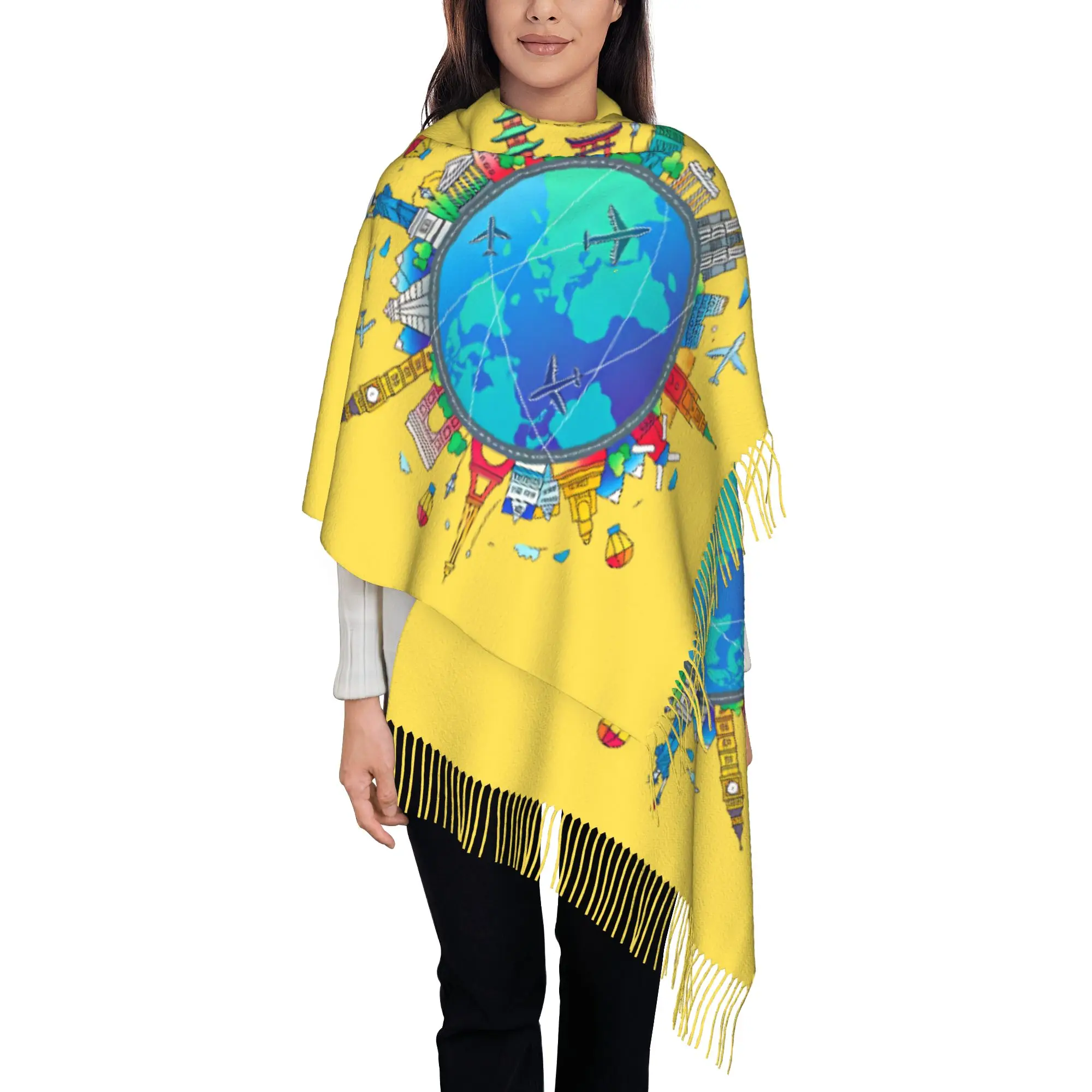 Custom Printed Globe Airplane Route World Landmarks  Scarf  Men Women Winter Warm Scarves  Shawl Wrap