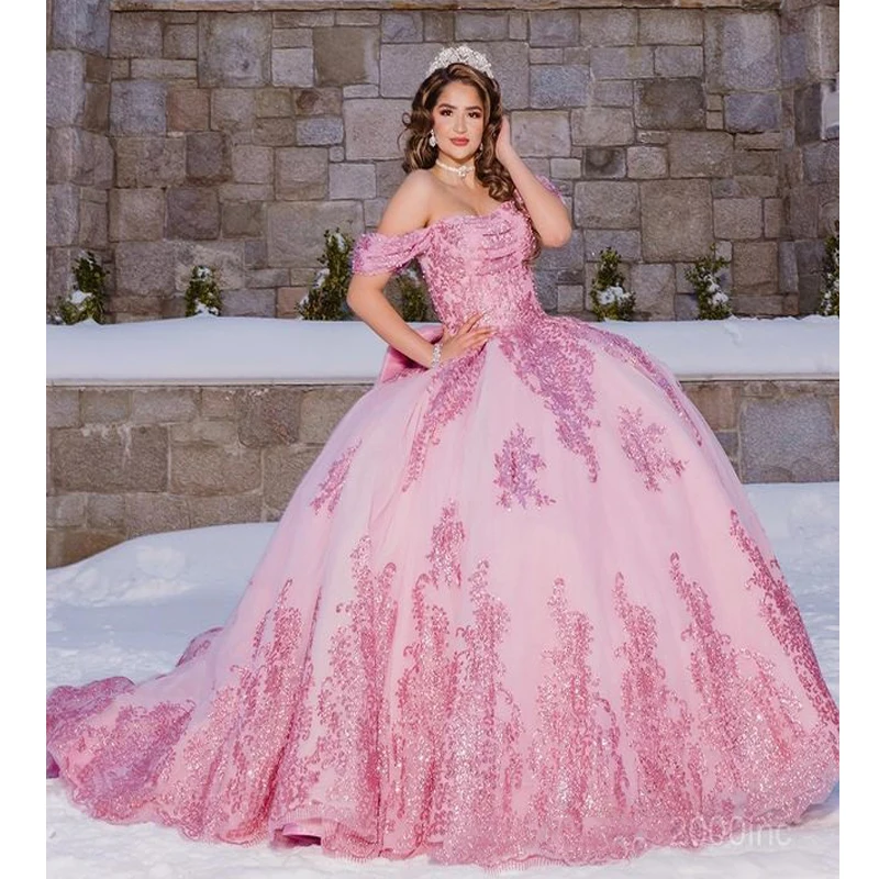 

Pink Bling Crystal Quinceanera Dress Ball Gown Prom Dress Off Shoulder Beads With Big Bow Sweet 15 Birthday Party Formal Wear