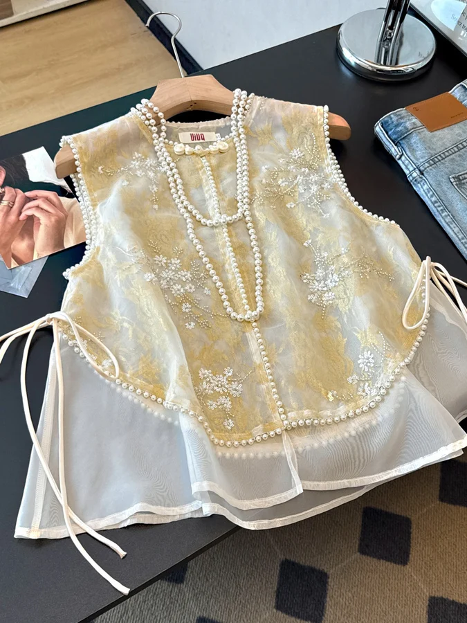 New Chinese Style Pearl Decorated Loose Fit Stand Collar Vest Women's Summer Outerwear Versatile Design Polyester Fabric