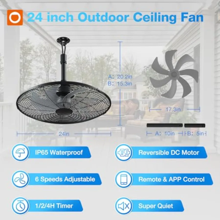 Outdoor Ceiling Fan for Patios: 24 inch Black Waterproof Gazebo Fan with Remote APP Control, 6 Speeds, Noiseless Operation, Rev