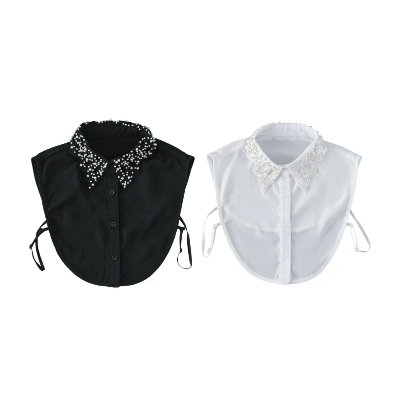 Women Pearls Hollowed Lapel Half Shirt Blouse Insert Sweater Clothing Accessory