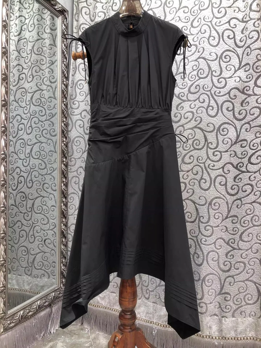 100%Cotton Dress 2026 Spring Summer Fashion Women Stand Neck Drawstring Shoulder Sexy Asymmetrical Style Dress Blue Beige Black