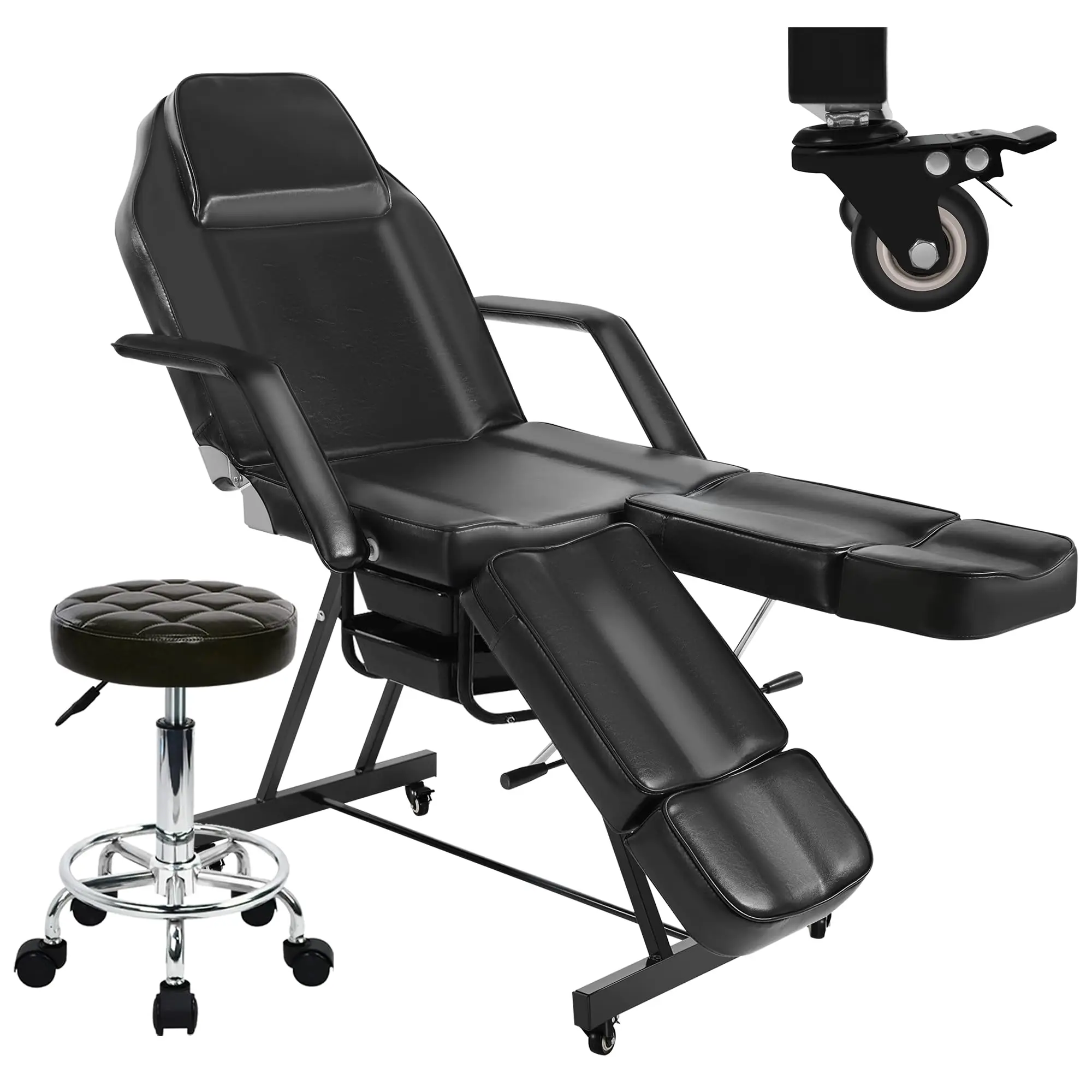 Black Tattoo Chair for Client with Wheel, Facial Table for Esthetician with Split Legs, Adjustable Armrest & Footrest