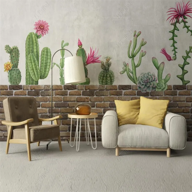 

Custom Simple Fresh Cactus Tropical Plant Home Decor Mural Brick Wall 3D Photo Wall Paper Bedroom Decor Wallpapers Papel Tapiz