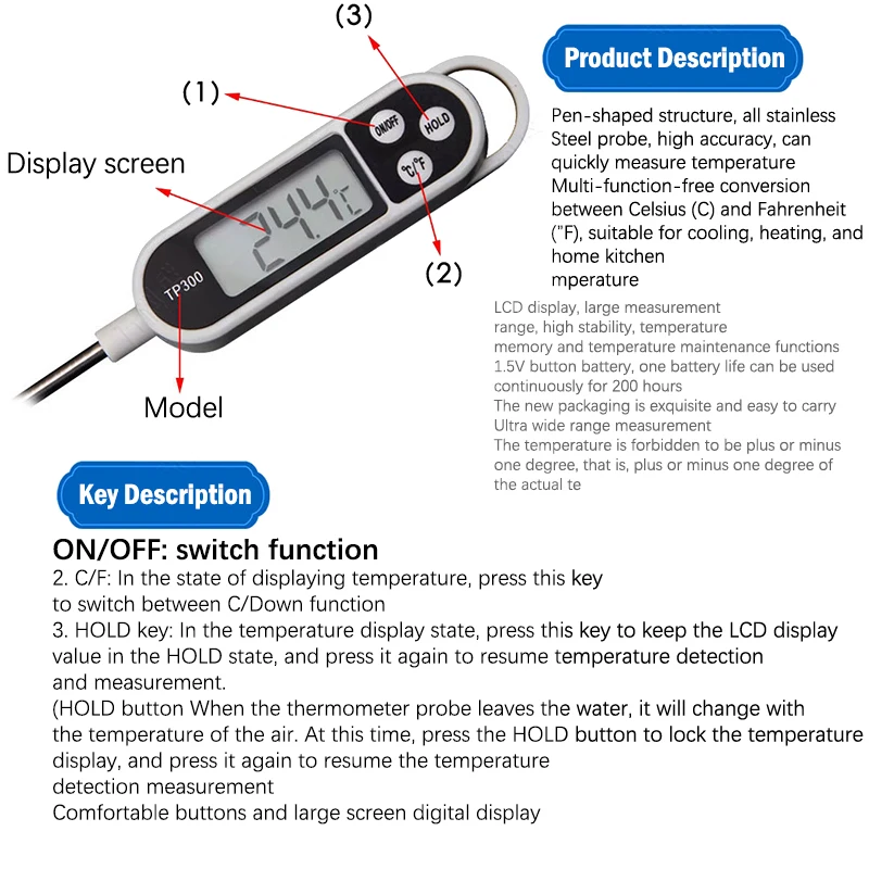 Food Baking Digital Kitchen Probe Thermometer Instant Read Cooking BBQ Meat Sensor Thermometers Probe Tool Heat Tester