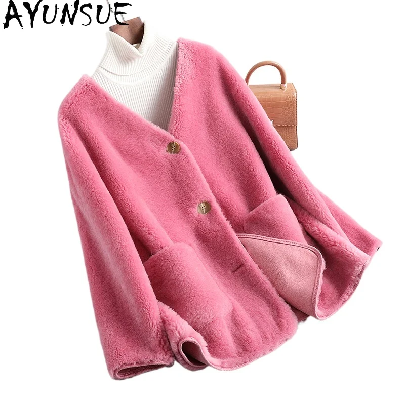 AYUNSUE Damenjacke aus natürlicher Wolle, Herbst, kurze, elegante Jacken für Damen, Kleidung, elegante Pelzjacke mit V-Ausschnitt, 2025, Abrigo Mujer