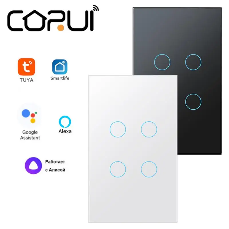 CORUI Tuya WIFI EU US Smart Touch Switch 1/2/3/4 Gang Light Switch Smart Life Remote Control Work With Alexa Google Home Alice