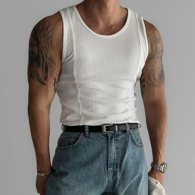 American Vertical Thread Tank Tops Muscle Men's Tight Elastic Sleeveless T-shirt Splicing Lines Thin Quick Drying Fitness Vest image 5