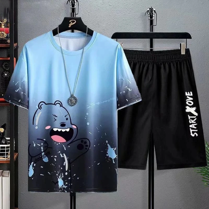 2025 Street Men's Trendy Quick drying Cartoon Bear Personalized Printed T-shirt Shorts Set Outdoor Fashion Breathable Top
