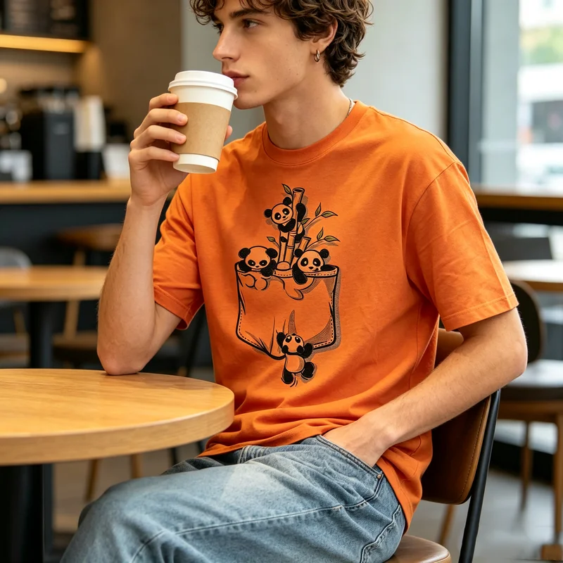 Cute Hand Drawn Sketch Style Pocket Baby Panda Bamboo Graphic Crew Neck T Shirt Unisex Men Women Cotton Short Sleeve Streewear