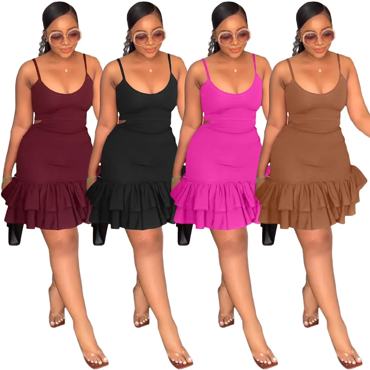 

European and American women's spring new casual fashion sling low-cut ruffled hip dress