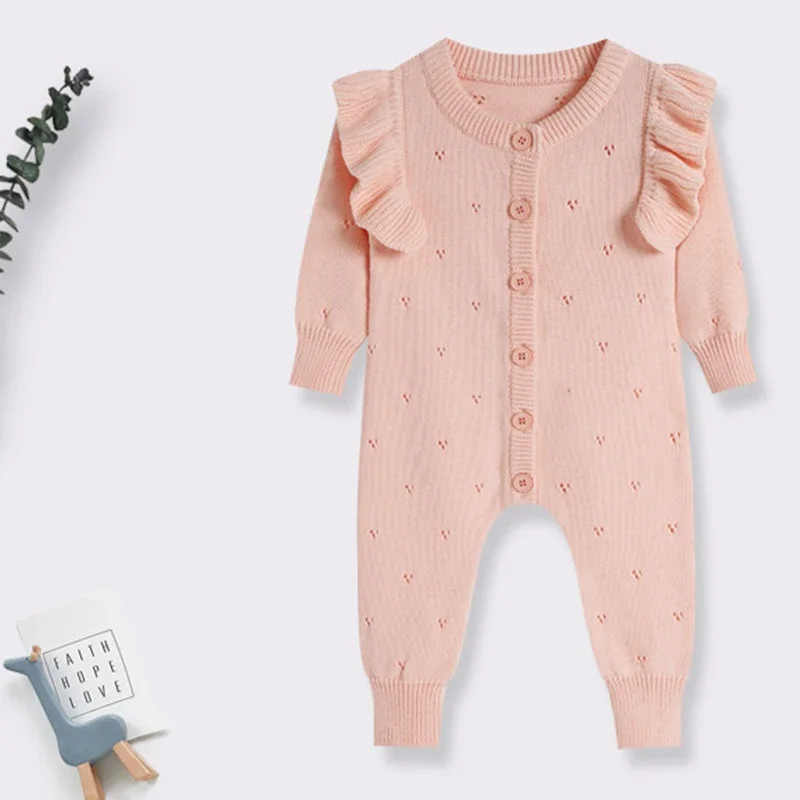 

2025 New Infant Baby Girls Knitted Jumpsuit Pink Princess Toddler Baby Girl Ruffled Clothing Knitting Romper Children Clothes
