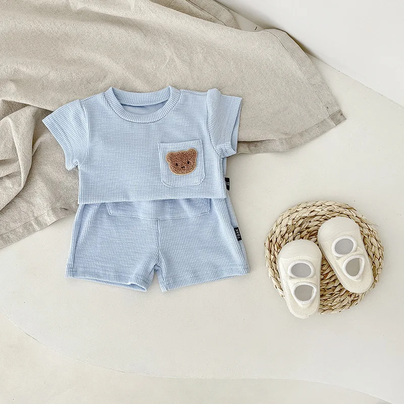 Newborn Baby Summer Solid Solor Set Girl Cute Bear Embroidery Pocket Short Sleeves Tops + Boy Cotton Soft Shorts 2pc Suit