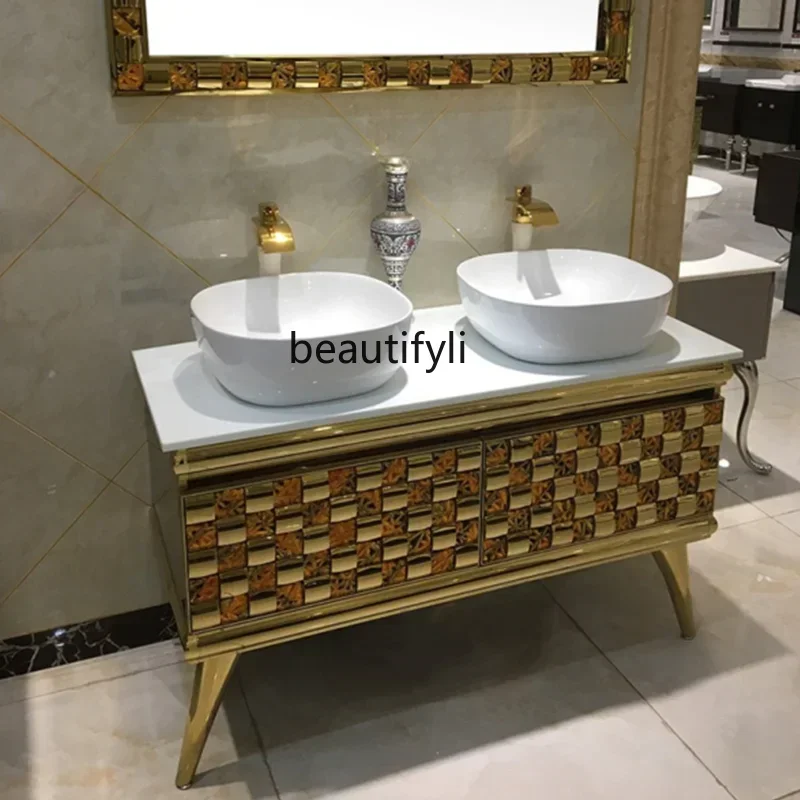 Golden Bathroom Cabinet Combination Stainless Steel European Hotel Villa Bathroom Cabinet   Wash Inter-Platform Basinhy