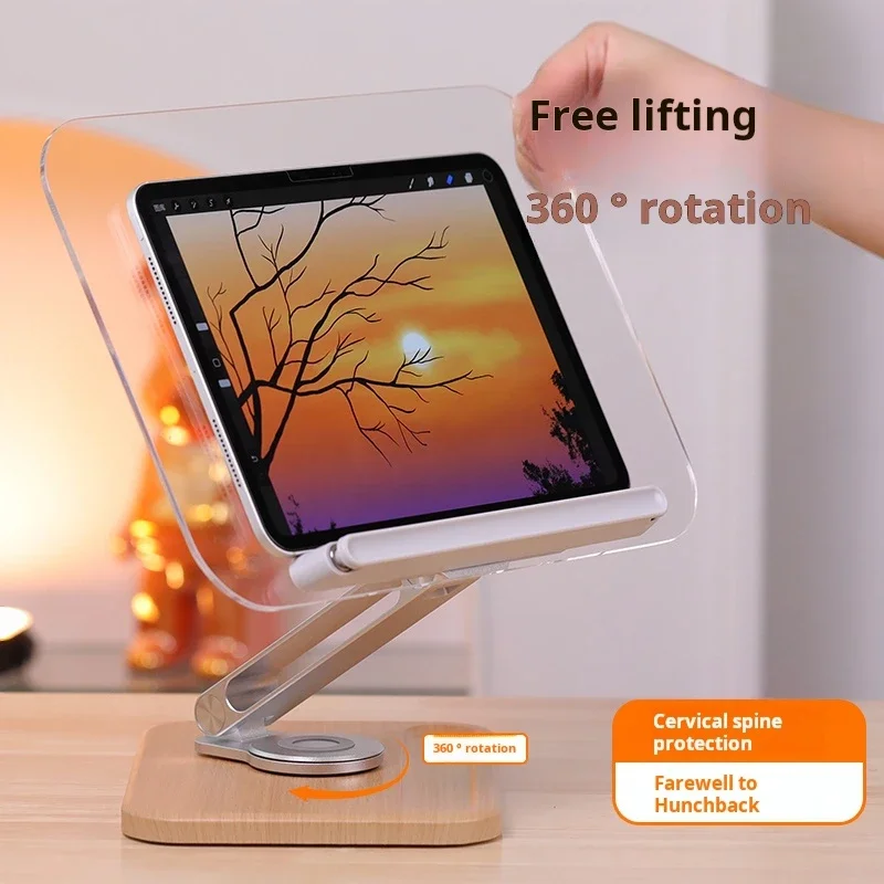 Multi-Functional Liftable Book Holder 360° Rotating Wooden and Transparent Acrylic  book reading stand