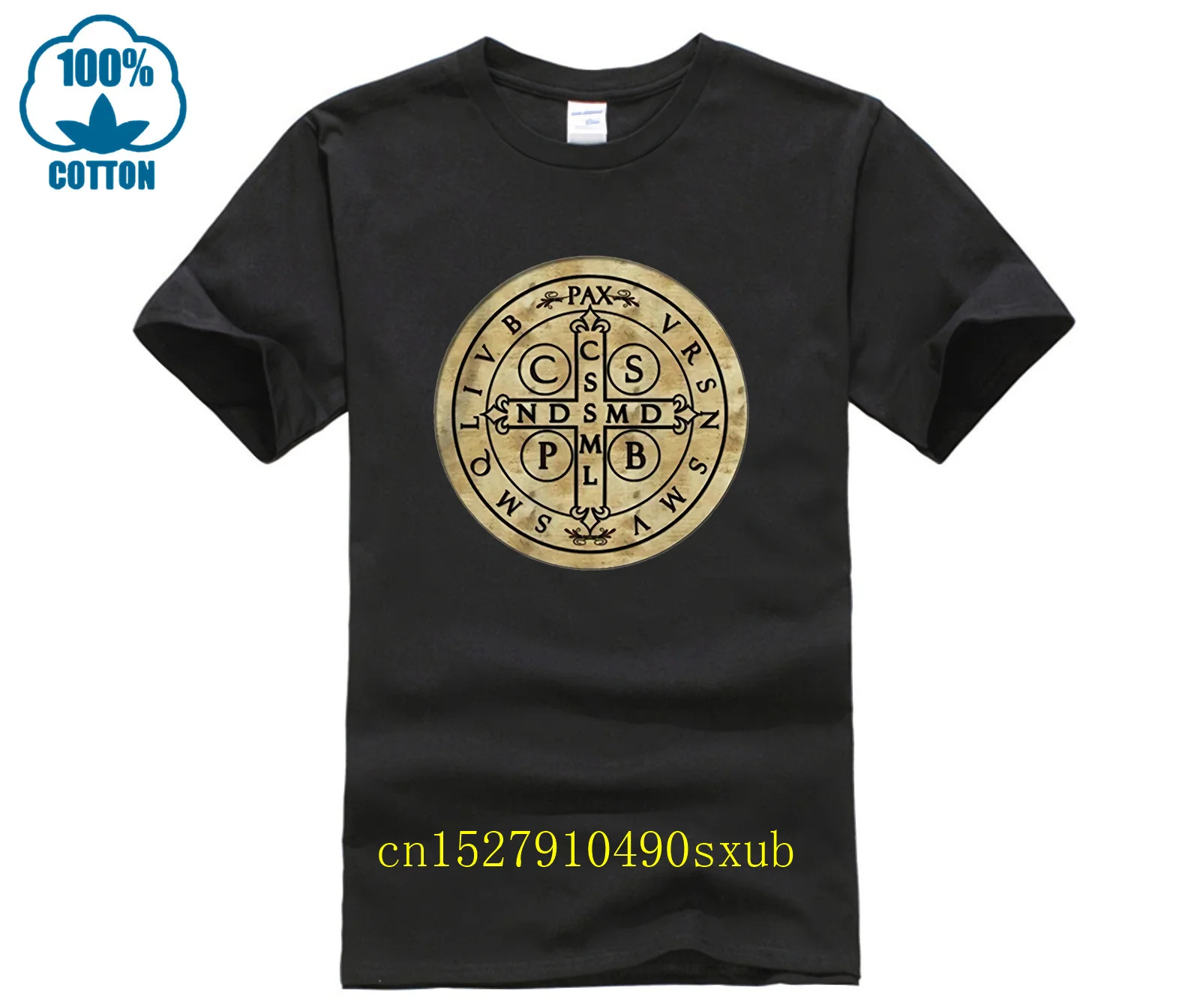 St Benedict Medal Latin + Translation Light T-Shi - 100% Cotton T-Shirt