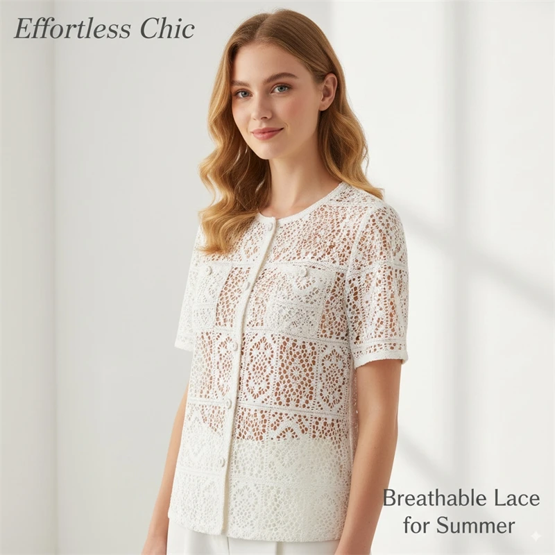 

Женский винтажный кружевной кардиган 2025: блузка-туника с короткими рукавами и круглым вырезом — повседневный летний однотонный топ большого размера