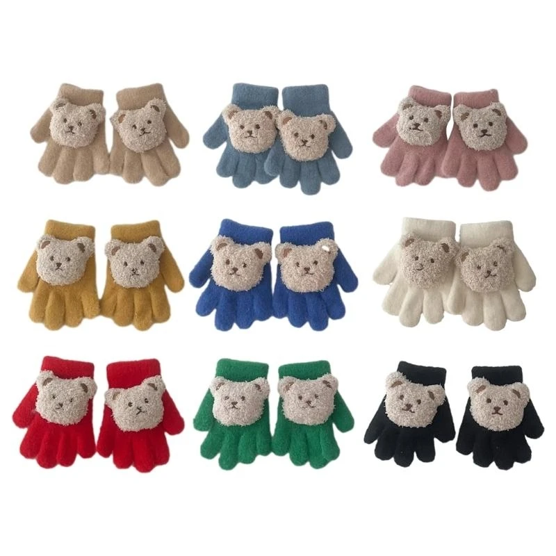 

J15U Winter Knitted Gloves Bear Pattern Elastic Wrist Cuff Mittens for Outdoor Play