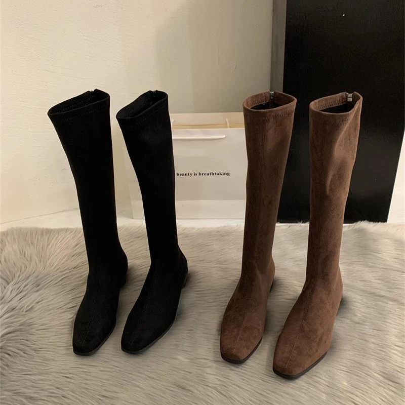 الشتاء خمر ضئيلة النساء حذاء برقبة للركبة مصمم كعب سميك أحذية الحديثة طويلة بوتاس الفقرة Mujer #2