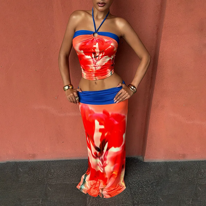 

Color Patchwork Floral Print Vacation Beach 2 Piece Set Women Strapless Lace Up Halter Backless Tanks Top + Bodycon Maxi Skirts