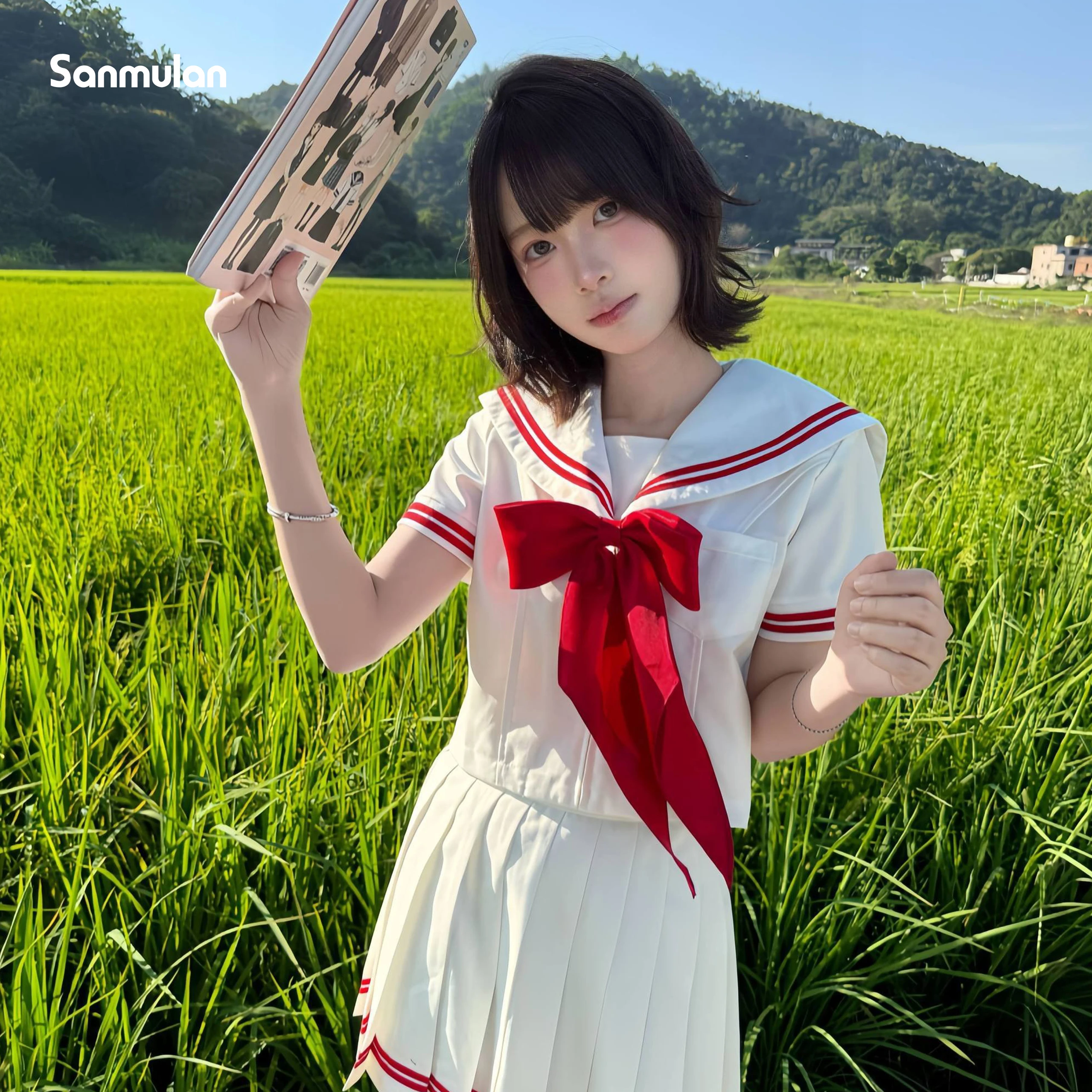 本格的な和風赤ベーシックセーラー服-jk制服-半袖・長袖セット-学生服-プレッピースタイル-コス