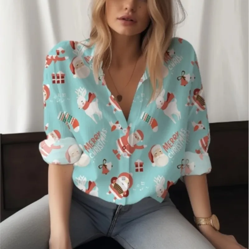 New Christmas style women\'s long sleeved shirt with elegant printed collar buttons exuding a sense of sophistication for women