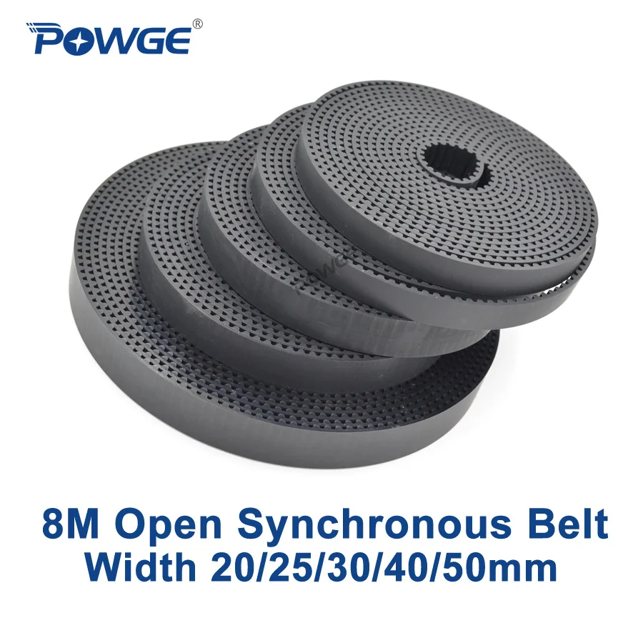 POWGE PU Black HTD 8M Open Timing belt Width 20/25/30/40/50mm Polyurethane steel Arc Tooth 8M-30mm HTD8M Synchronous Belt pulley