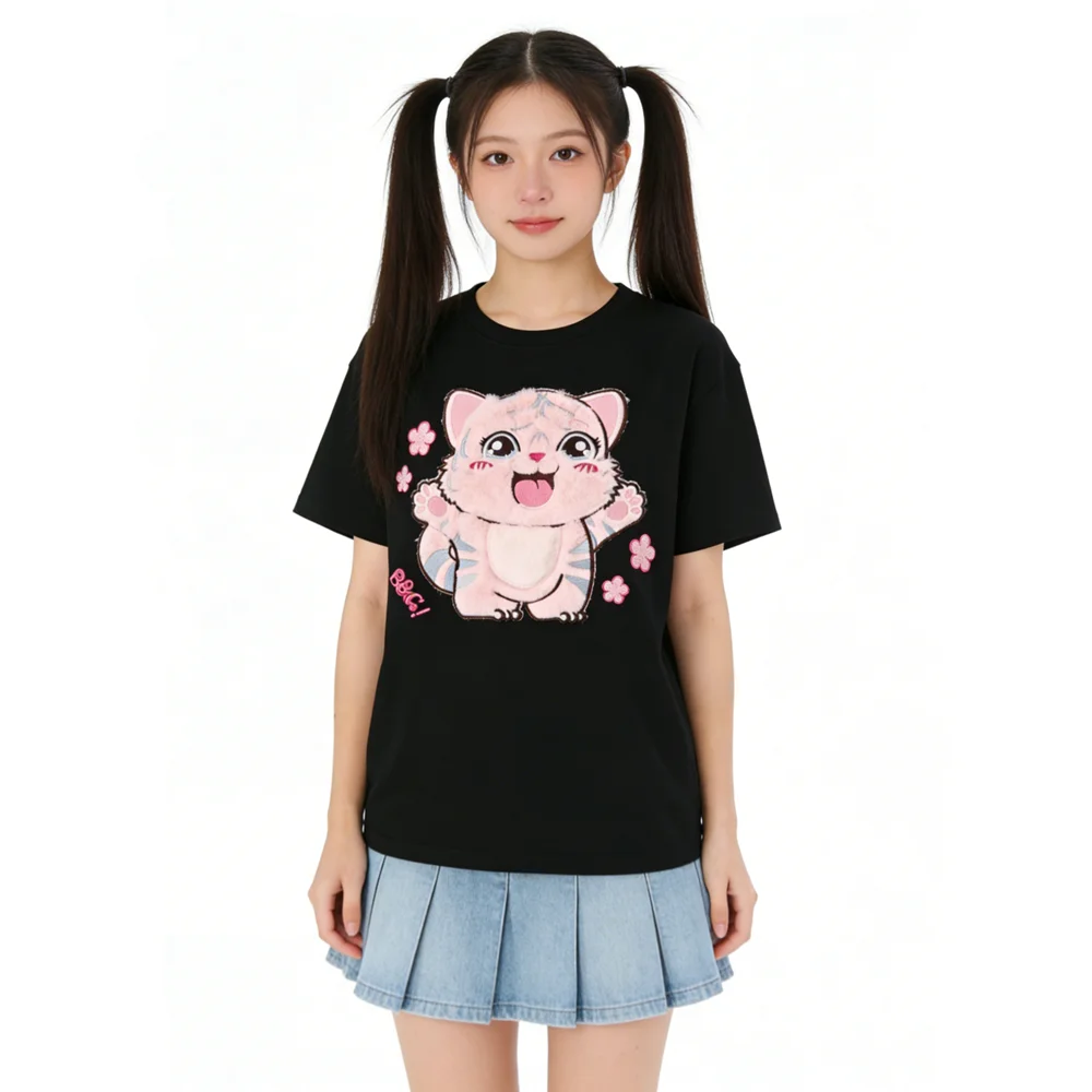Cotton Lovely Little Tiger Embroidered Couple Tshirts Loose Short Sleeve Flocking T-shirt Women's Summer Daily Casual Y2k Top