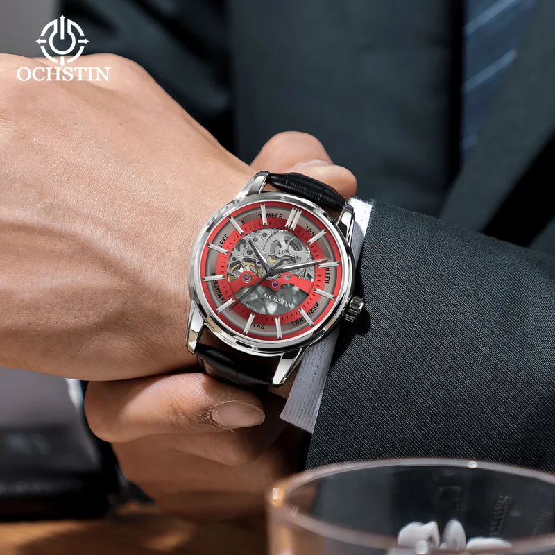 OCHSTIN Luxury Business Skeleton Mechanical Watch Master Series Men's Wear-resistant Genuine Leather Bracelet Waterproof Clock